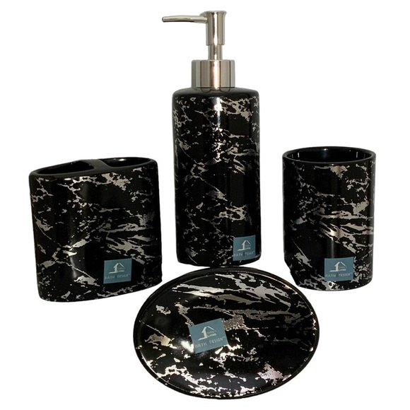 Today’s Living Other - Today’s Living Black Marble Metallic Bath Accessory Set Ceramic 4 Piece Set